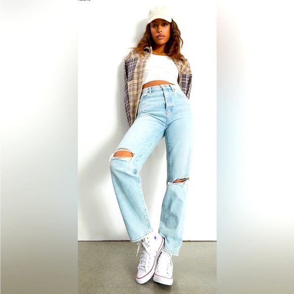 PacSun Denim - PacSun Eco Light Blue Distressed Button Fly Dad Jeans